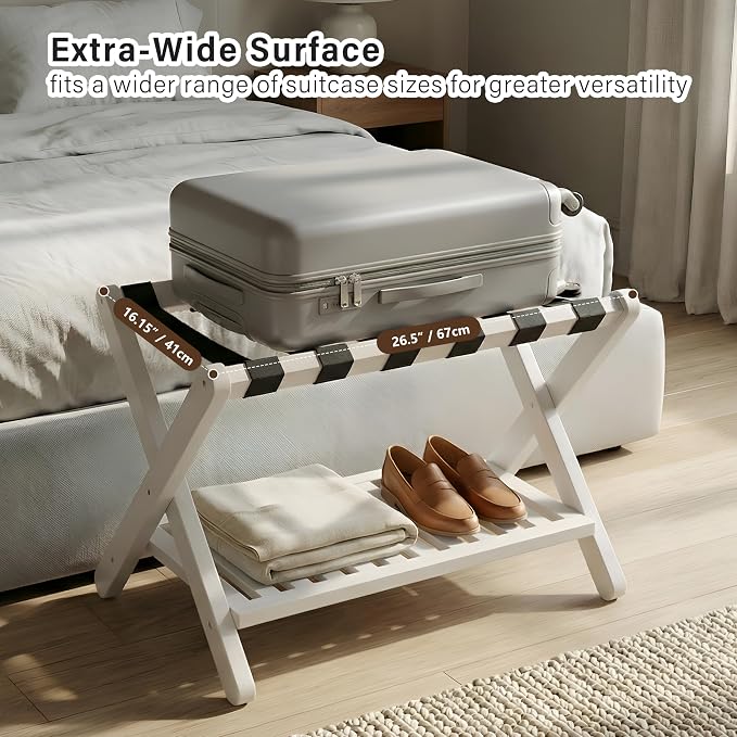 Heybly Luggage Rack for Guest Room,Bamboo Folding Luggage Stand & Suitcase Holder,Suitcase Stand, 5 Heavy-Duty Straps,Holds up to 165 Lbs, Heavy Duty Luggage Rack for Bedroom Hotel, White, HLR013W1