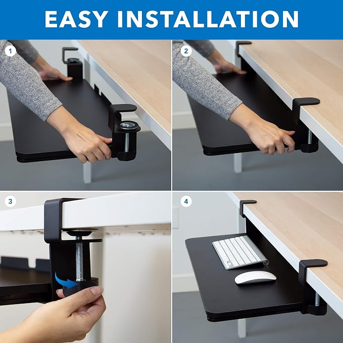 Mount-It! Clamp-On Under Desk Keyboard Tray, No-Drill Slide-Out Keyboard & Mouse Platform, 26.4" W × 11.8" D, Adjustable Ergonomic Keyboard Drawer, Fits Desks up to 1.5" Thick