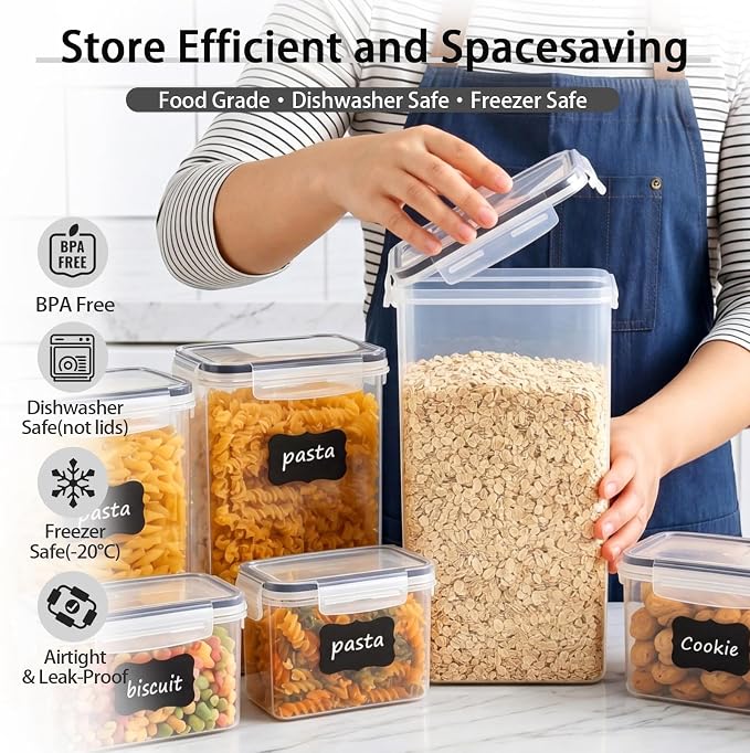 9PC Food Storage Containers, Airtight Pantry Storage Set with Lids | Stackable kitchen Storage Organizers, BPA Free Kitchen and Pantry Organization, Reusable Storage Set for Pasta, Dry Food