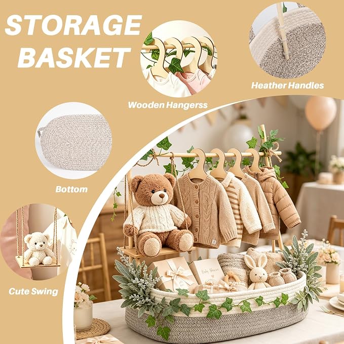 Large Baby Shower Basket Empty Baby Shower Crate Closet Woven Baskets | 16.5" x 9.5" Woven Baskets with Clothes Hangers and Gift Bag New Born Empty Storage for Welcome Gift Pregnancy New Parent
