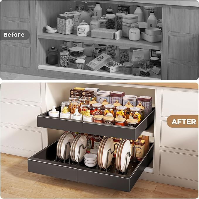 Seinloes 4 Pack Pull out Cabinet Organizer 21"Deep with Raising Pad for Framed Cabinets, Expandable Slide out Drawers for Kitchen Cabinets with 4pcs Divider Racks, Roll out Shelves 12.1"-20.4" W Black
