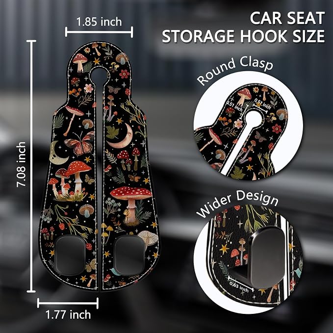 Blusabaca 2PCS Car Seat Headrest Hooks, Purses Bags Holder, Cute Mushroom | PU Leather, Double Metal Back Storage Hangers for Grocery Bags Handbags Bottles Coats Phones, Car Accessories Organization