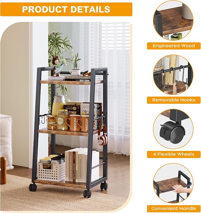Homeiju 3 Tier Kitchen Storage Cart with Lockable Wheels & 6 Hooks, Mobile Utility Organizer Rolling Cart for Small Spaces, Bar Cart for Kitchen and Living Room, Rustic Brown