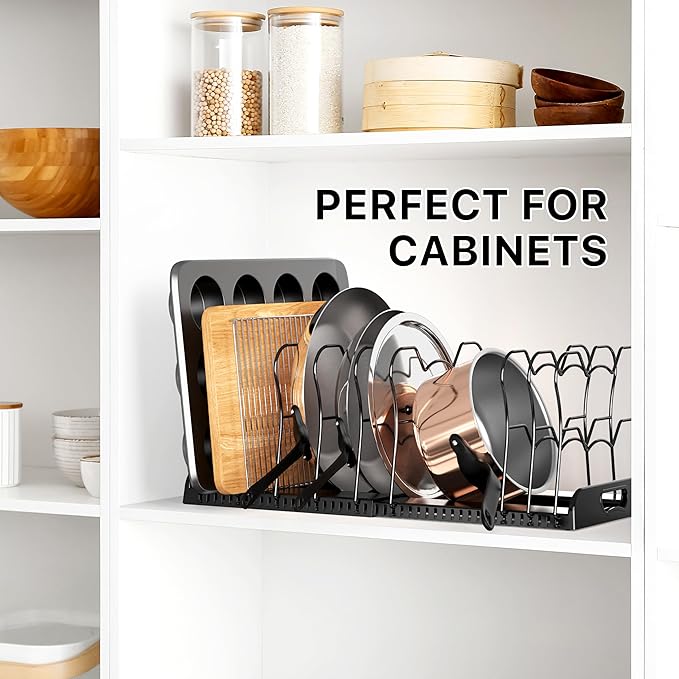 Simple Houseware Expandable Pan Organizer Rack, 10 Adjustable Compartments, Black - Kitchen Cabinet Organizer for Pots, Pans, Lids & Bakeware - Pantry & Countertop Storage