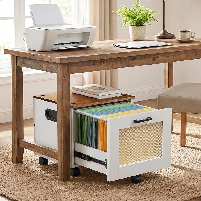 HOOBRO File Cabinet, Rolling File Cart, Under Desk Small Filing Cabinet, File Organizer Box, Home Office File Basket with Drawer for A4, Letter Files, White and Walnut WH11WJ01G1