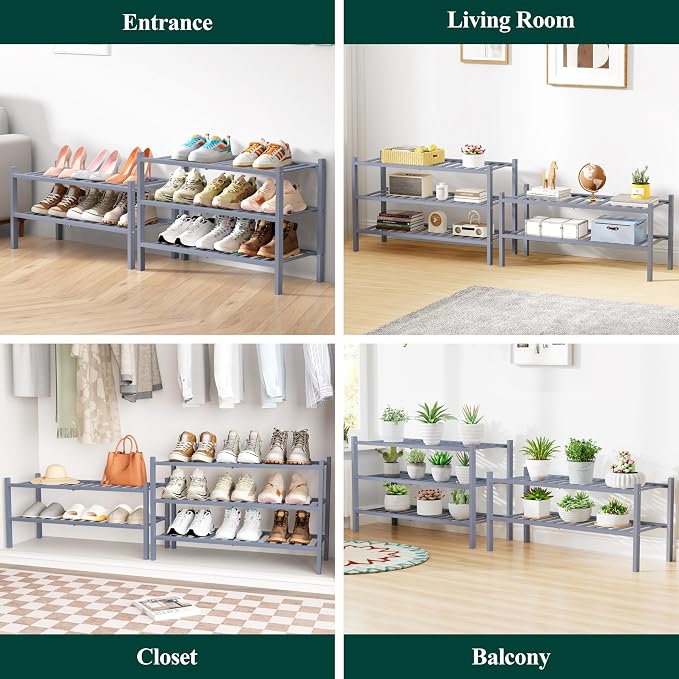 Smiry Bamboo Shoe Rack for Closet, 4 Tier Wooden Shoe Organizer, Stackable Wood Shoe Storage Shelf for Entryway, 14 Vertical Slats, 2+2 Stack Heavy-Duty Legs, 26.77"x11.02"x25.98", Grey