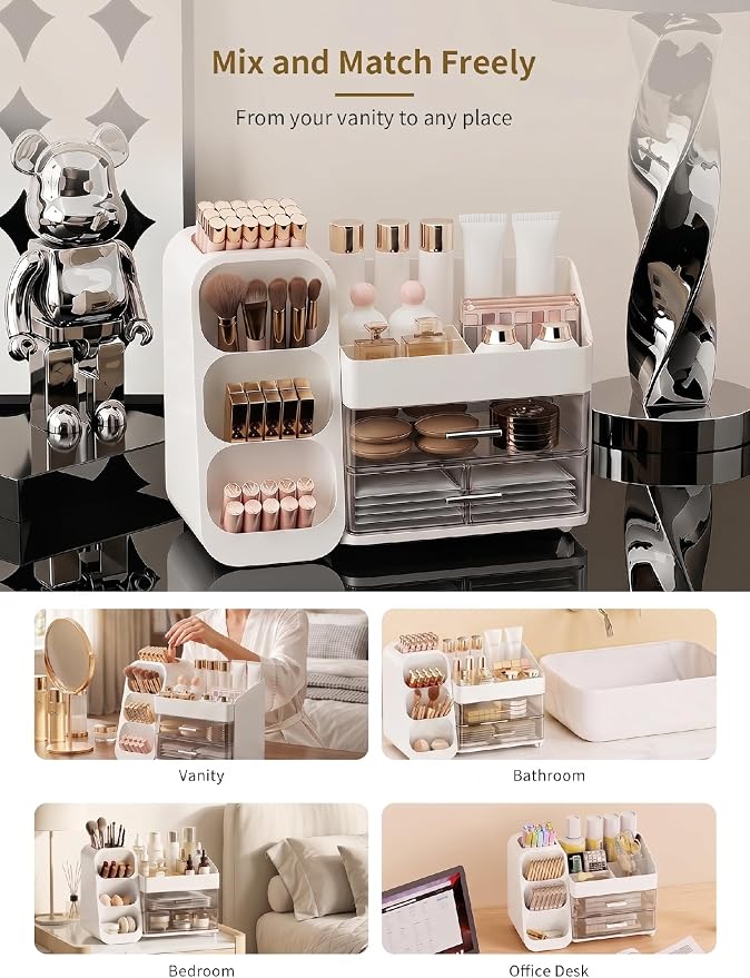 Booklov Large Makeup Organizer for Vanity Countertop, White | Clear Acrylic Cosmetic Display Case, Beauty Brush Holder for Bathroom Counter, Make Up Skincare Lipsticks Storage