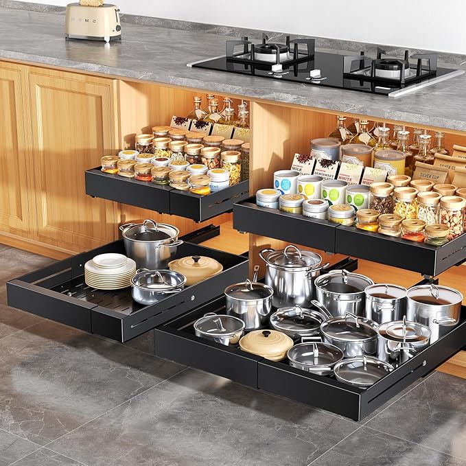 Pull out Cabinet Organizer, Expandable Width(14"-24"), Depth(13"-24") with 3 Rails, Slide Out Drawers With Raising Pad for Framed Cabinets, Fixed with Adhesive Film for Cabinets in Kitchen, Black