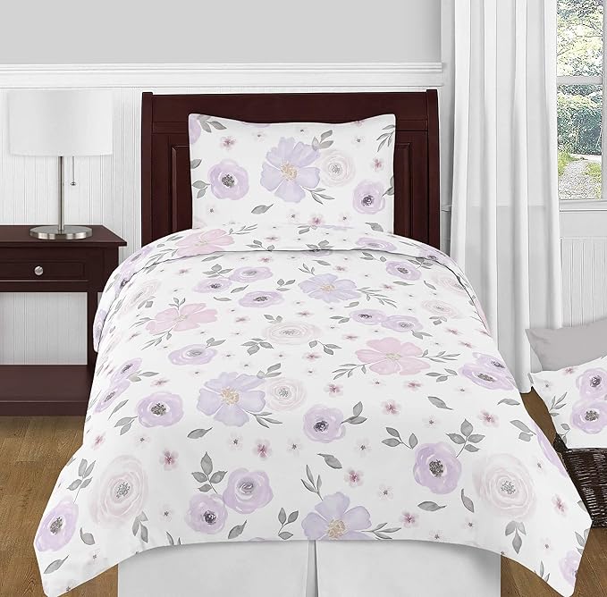 Sweet Jojo Designs Lavender Purple, Pink, Grey and White Organizer Storage Bins for Watercolor Floral Collection - Set of 2 - Rose Flower