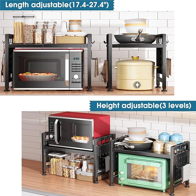 Kitstorack Adjustable Microwave Oven Rack,Microwave Stand Shelf Heavy Duty 2-Tier Shelf with Cutting Boards Stand for Kitchen Shelves Counter Top Organizer, Holds 120lbs,9 Hooks
