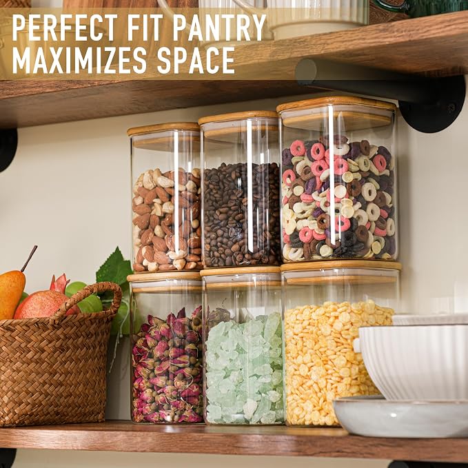 D2scrma 37oz Airtight Glass Square Storage Canisters with Bamboo Lid Set of 6 (1100ml) Stackable Containers, Kitchen Jars for Pantry Noodles, Flour and Coffee beans (‎with Black Lable)