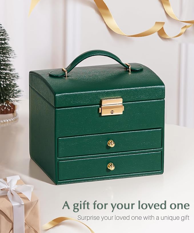 Homde Small Jewelry Box for Girls: 3-Layer Lockable Organizer (Green) | Removable Tray&Dividers for Flexible Storage - Sort Earrings&Rings&Necklaces for Beginners - Birthday Gift for Teens