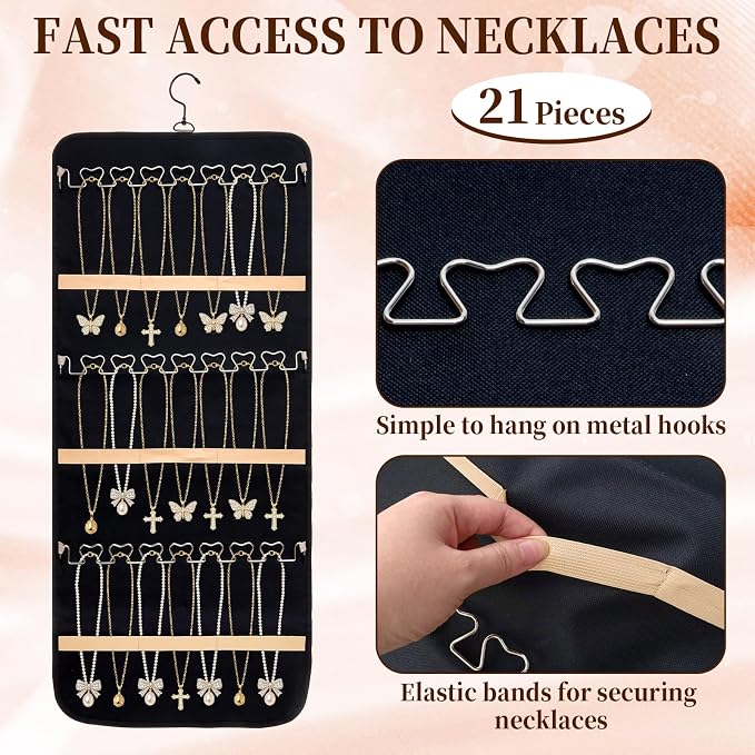 Double-Sided Hanging Jewelry Organizer 48 Pockets 21 Hooks Large Black Storage Bag Jewelry Organizer with Hanger for Closet Wall Door Tangle-Free Holder for Earrings Necklaces Rings Bracelets