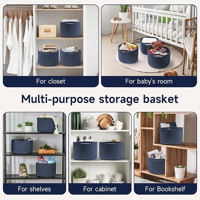 Small Rope Baskets for Storage, Baskets for Gifts Empty, Cute Round Woven Baskets, Decorative Shelf Basket 9.82×9.82×7.1", Cotton Toy Basket Storage Bins for Organizer 3 Packs Navy Blue