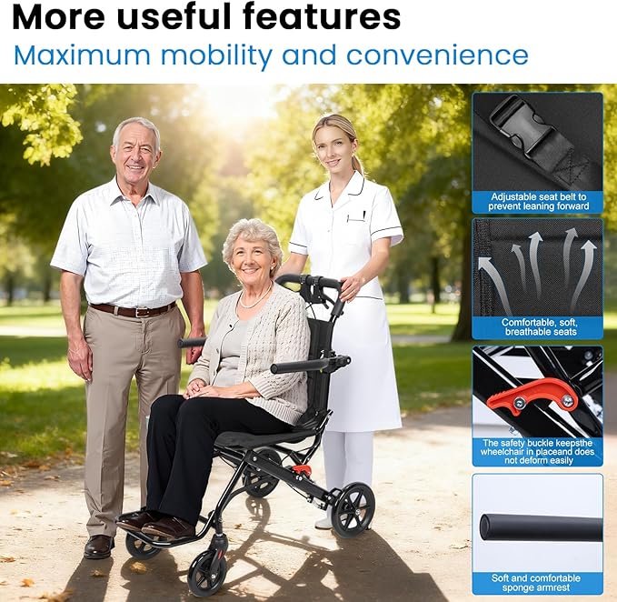 Portable Folding Transport Wheelchair,Transport Wheelchair Lightweight Foldable,Tran Sport Wheelchairs Lightweight Foldable Wheel Chair for Adults,Travel Wheel Chair for Elderly (Black)