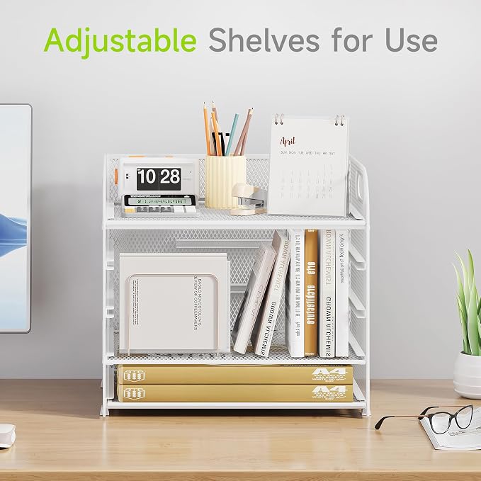 Cawukege 2 Pack 5 Tier Paper Organizer, Letter Tray with Handle, Mesh Desk Organizer, Metal File Organizer, Office Desk Accessories for Home, Office, Classroom, School -White