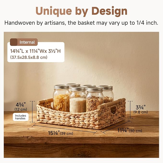 StorageWorks Wicker Baskets for Organizing, Water Hyacinth Storage Baskets with Handles, Woven Baskets for Pantry Storage, 15¼" x 11¾" x 4¾", 1-Pack