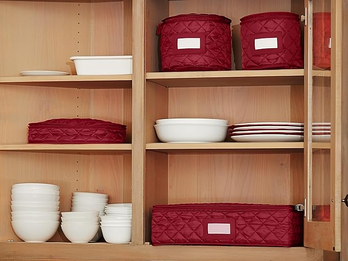 Covermates Keepsakes Dish Storage Case – Padded China & Dinnerware Organizer, Quilted Polyester Protection, ID Window, Zipper Closure, Machine Washable, Red