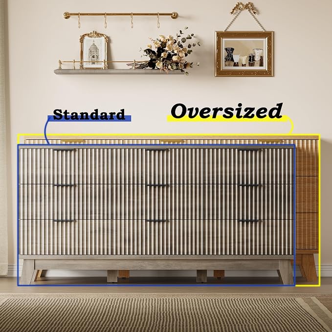 BORNOON 63" Long Dresser for Bedroom, 9-Drawer Fluted Dresser, Extra-Wide Wood Chest of Drawers with Smooth Metal Slides, Stable Base, Modern Clothes Storage Cabinet for Living Room, Hallway, Nursery