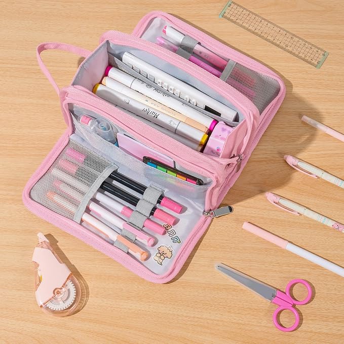 Sooez Large Pencil Case, Big Capacity Pencil Pouch Pen Bag with 3 Compartment, Portable Canvas Stationery Organizer with Zipper, Cute Aesthetic School Supplies for Teen Girls, Celadon
