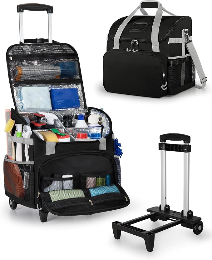 Marscamd Large Rolling Cleaning Caddy Bag with Detachable Trolley, Cleaning Supplies Organizer with Wheels for Housekeepers, Black