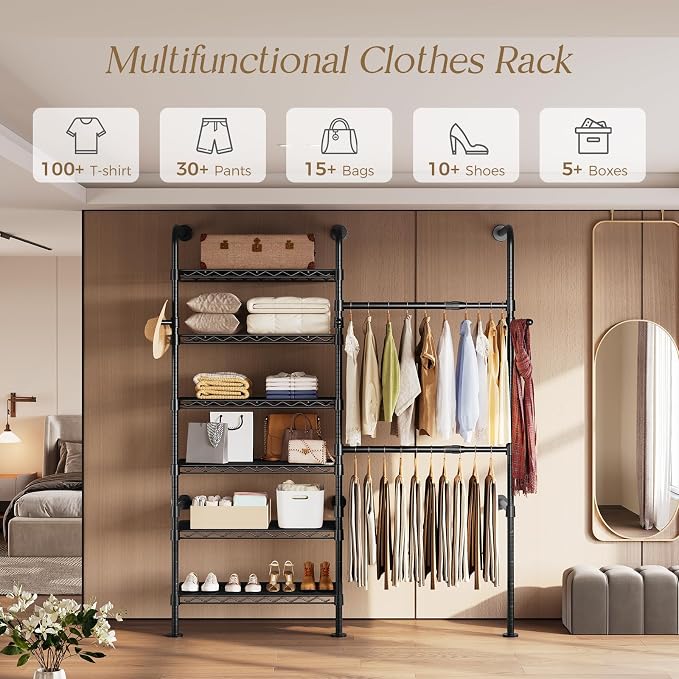 Wall Mounted Closet System, Heavy Duty 2-Row Clothes Rack, Expandable Industrial Pipe Closet Organizers and Storage with 2 Telescopic Rods, 3 Hooks & 6 Shelves for Wardrobe, Bedroom