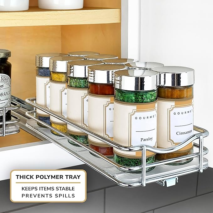 LYNK PROFESSIONAL® Pull Out Spice Organization for Cabinets - 4-3/8 inch Wide – Spice Rack for Inside Cabinets, Slide Out Spice Rack Organizer for cabinet – Pull Out Spice Rack, Sliding 1 Tier Chrome