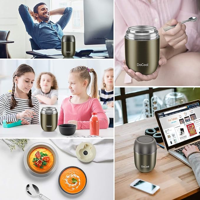 DaCool Food Thermo Insulated Food Jar Lunch Container Vacuum Stainless 16 Ounce Kids Adult Bento Box for Hot Food with Spoon Leak Proof for School Office Picnic Travel Outdoors, BPA free - Gray