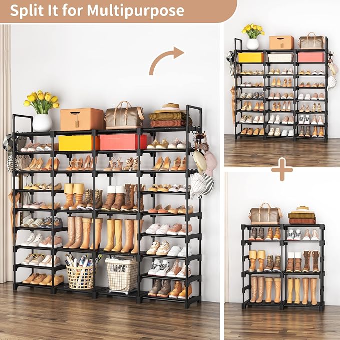 ROJASOP Large Shoe Rack Organizer for Entryway Closet 64-68 Pairs 9-Tier Heavy Duty Tall Garage Shoe Rack Shoe Shelf Shoes Storage with 18 Pcs Removable Side Hooks for Bedroom and Garage Black