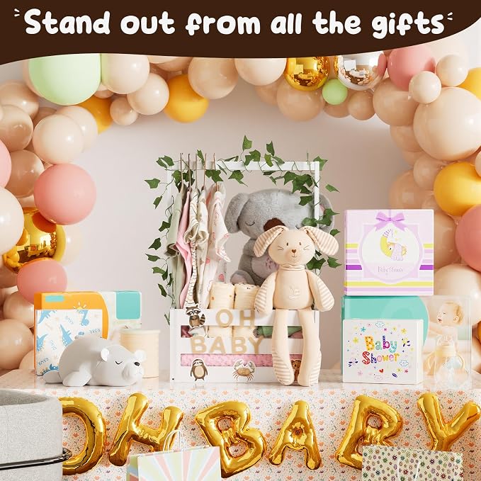 Baby Shower Gifts Basket Wooden Crate, Personalized Wooden Letters and Clothes Hangers New Born Baby Girl Boy Gifts Vine Decorations Cute Closet with Handle Pregnancy Gifts for New Mom Parents White