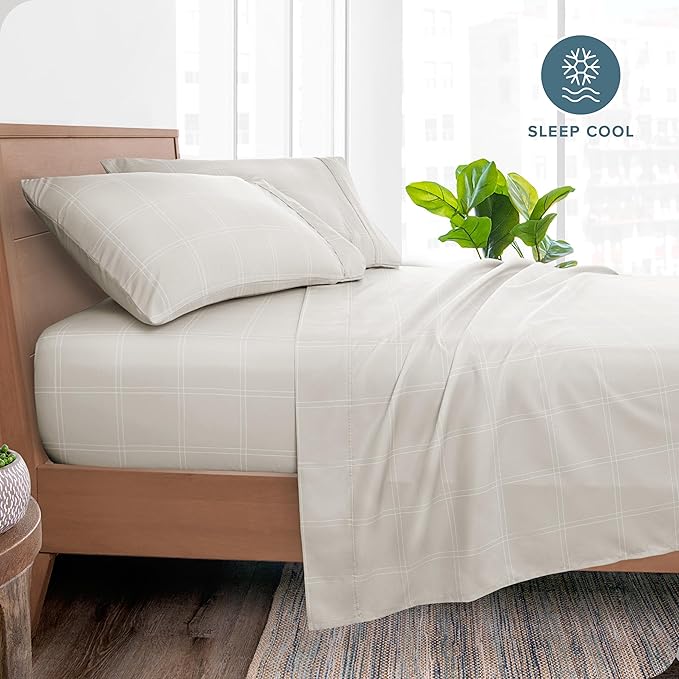 Bare Home Twin Sheet Set - Luxury 1800 Ultra- Soft Double Brushed Microfiber - Deep Pockets - Easy Fit - 3 Piece Bedding Sheet Set (Twin, Modern Plaid - Stone/White)
