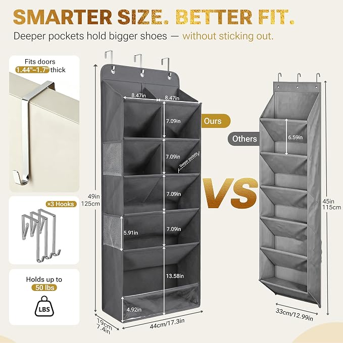 HOMELUX THEORY Hanging Shoe Organizer for Closet, 6 Tier Over the Door Shoe Organizer 120D Extra Thick with Deep Pockets, Shoe Rack for Closet & Entryway, with 4 Side Storage Pockets (Blue)