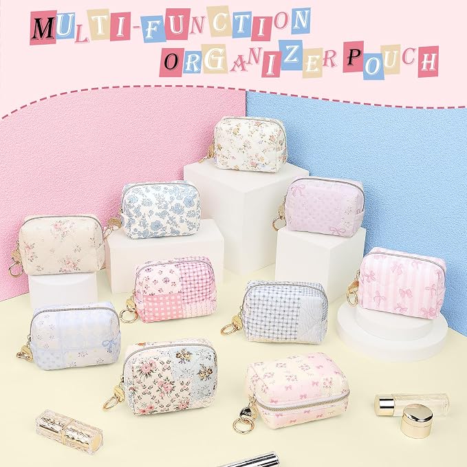Quilted Mini Makeup Bag, Cute Small Cosmetic Bag for Purse, H-Blue | Floral Travel Makeup Pouch, Make Up Pouch for Women, Purse Organizer Pouches for Travel/ Gym/ Daily Use, Perfect Gifts