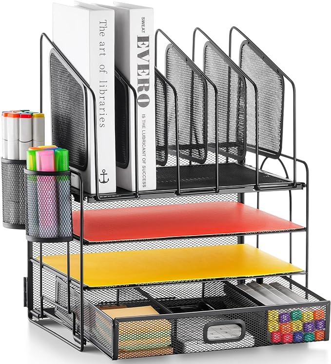 Marbrasse Desk Organizer with Drawer, 4-Tier Mesh File Organizer with 5 Vertical File Holders and 2 Pen Holders, Multifunction Desktop Organizer,Desk Organizers and Accessories for Home Office