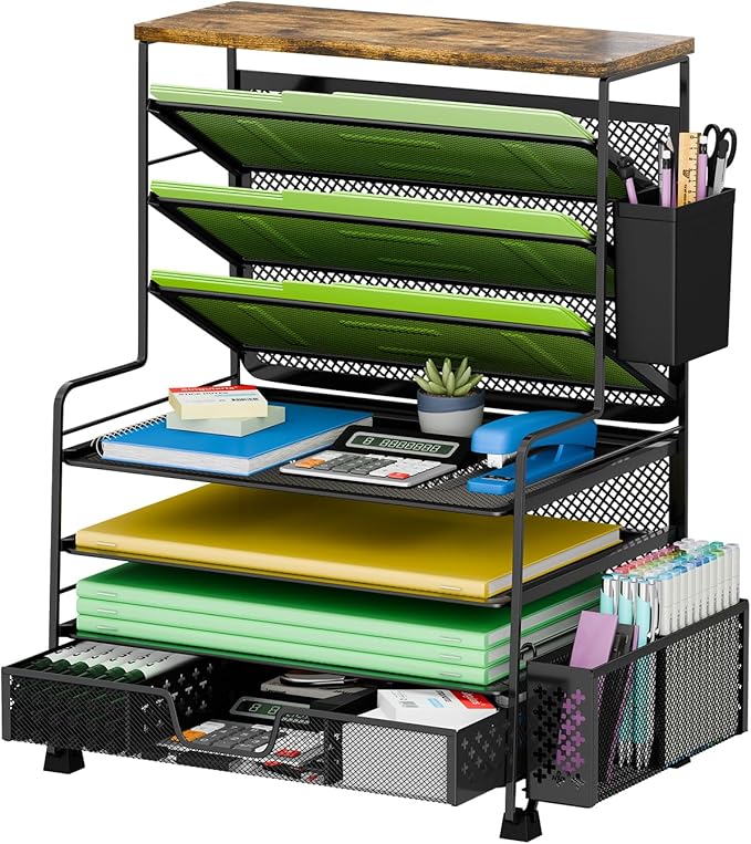 Ekisemio 8 Tier Desk File Organizer with Sliding Drawer, Desktop Organizers and Accessories, Letter Size File Organizer for Desk, Black