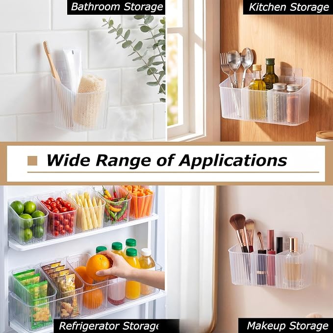 14 Pack Cabinet Door Organizer Adhesive Wall Mount Storage Bins Makeup Containers Stackable Organizer Basket for Kitchen Cabinets, Bathroom, Pantry, Office, Refrigerator (Frosted Clear)
