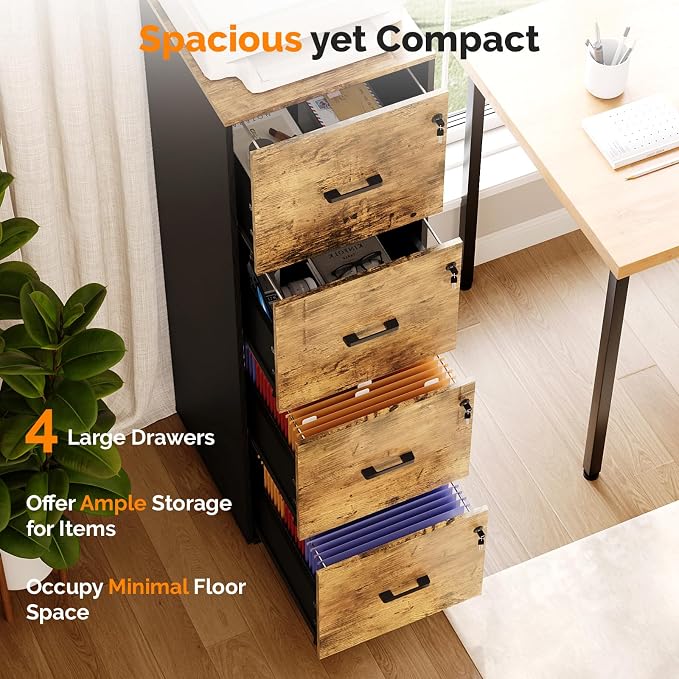 VINGLI 4 Drawer File Cabinet with Lock, Home Office Filing Organizer, for Letter Size File Folder Storage, Wood Tall Vertical Filing Cabinet, Printer Stand, Archivador (Rustic Brown)