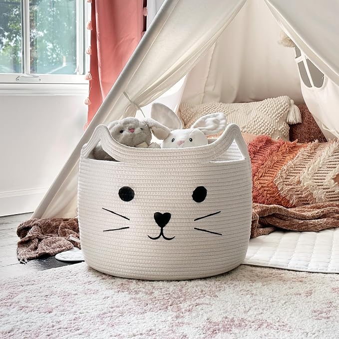 Large Woven Cotton Rope Storage Basket, Baby Laundry Basket Organizer for Towels, Blanket, Toys, Clothes, Gifts | Pet Gift Baskets for Cat, Dog - 15.7" L×11.8" H
