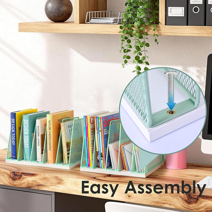 AUPSEN 5-Section File Organizer for Desk, Wood Mesh Desktop File Organizer, File Sorter Storage Rack, Vertical Folder Holder for Files, Magazines, Books (Green)