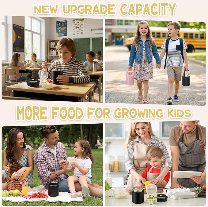 20oz Soup Thermo for Hot Food with a Snack Box Container，Leak Proof Insulated Lunch Container Kids and Adults，Stainless Steel Double Wall Vacuum Wide-mouth Food Jar with Spoon and Handle（Black）