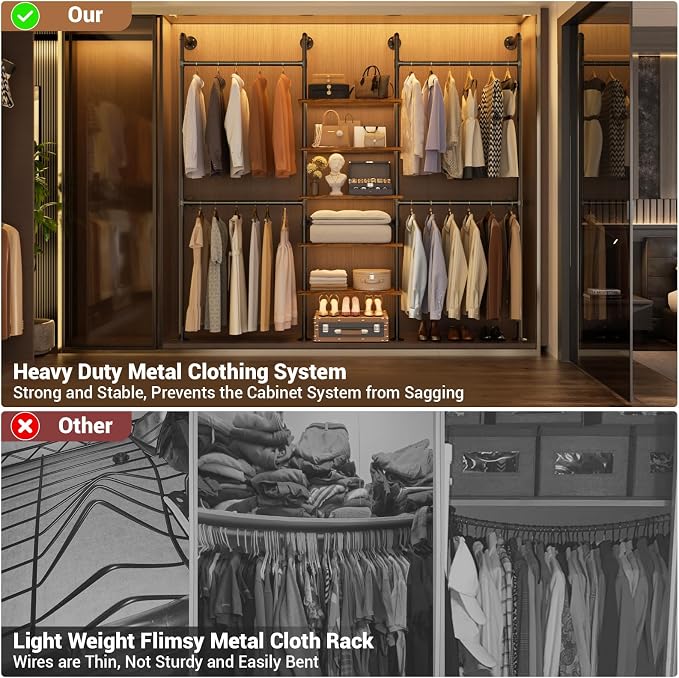 Aheaplus Industrial Pipe Clothing Rack, Reversible 6.42FT Clothes Rack for Hanging Clothes, Heavy Duty 5-Tier Closet Wardrobe Garment Racks with Shelves, Corner Closet Organizer System, Rustic Brown