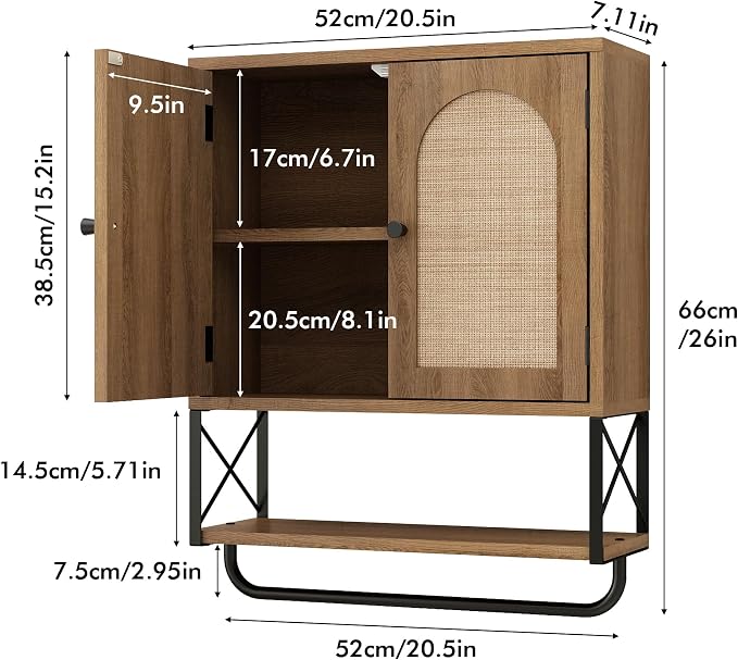 RUSTOWN Rattan Bathroom Wall Cabinet, Boho Over The Toilet Storage Cabinet | Arched Rattan Doors, Modern Medicine Cabinet, Adjustable Shelves, Towel Bar, Rustic Oak