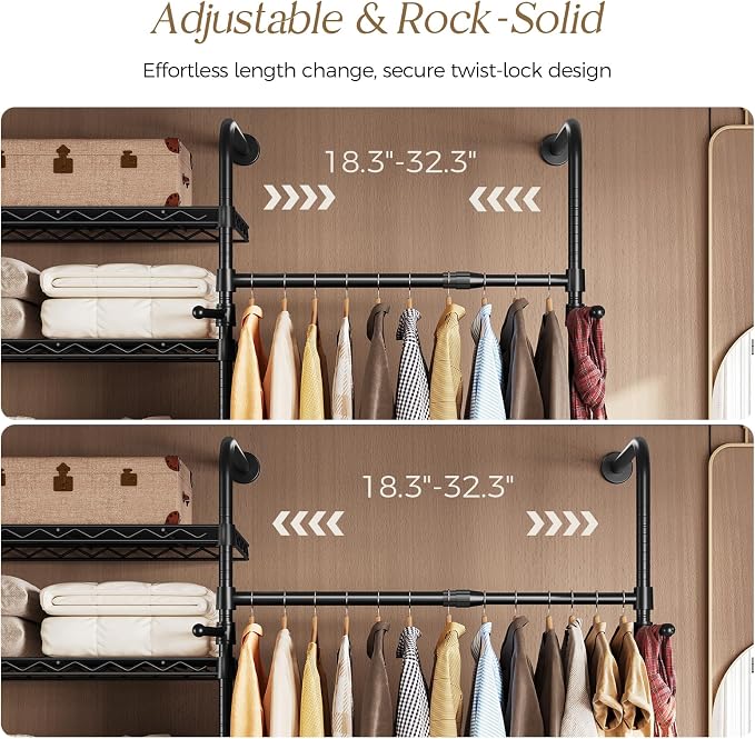 Wall Mounted Closet System, Heavy Duty 5-Row Clothes Rack, Expandable Industrial Pipe Closet Organizers and Storage with 4 Telescopic Rods, 3 Fixed Rods, 6 Hooks & 8 Shelves for Wardrobe, Bedroom