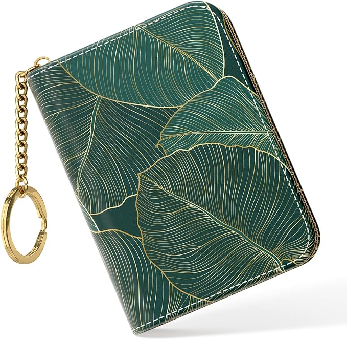 Nipichsha Credit Card Holder, Small RFID Card Wallet for Women, Slim Leather Card Holder Wallet, Credit Card Wallet Organizer, Pocket Business Card Case with Zipper & Keychain, Tropical Leaf