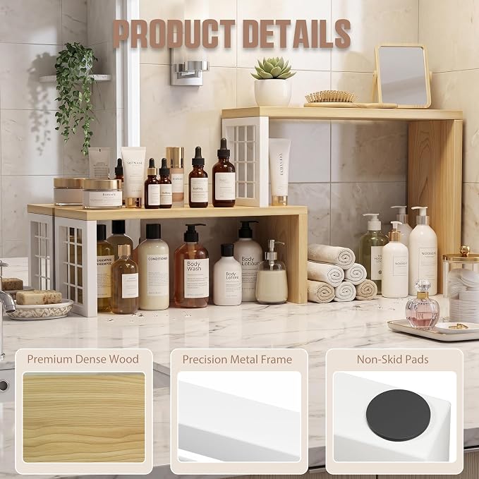 Kitchen Countertop Organizer, 2 Tier Corner Counter Shelf, Beige | Adjustable Cabinet Organizer Shelf, Spice Rack, for Kitchen, Coffee Station, Stackable, Expandable, Fits Corners
