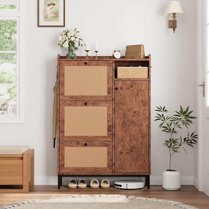 Garvee Shoe Cabinet with 3 Flip Drawers and 4-Tier Shoe Storage Cabinet, Freestanding Shoe Organizer with Adjustable Shelf and Rattan Doors for Entryway, Closet, Hallway