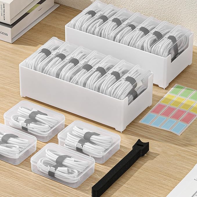 2 Pack Cable Organizer Box with 14 Clear Switch Case, Cable Straps and Label Stickers, Travel Cord Organizer for Charging Cables, USB Wires, Earphones – Drawer Organization for Home & Office