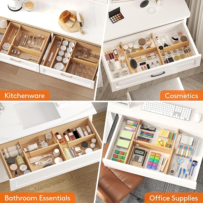 Lifewit 4" High 4 Pack Bamboo Drawer Dividers 31-40cm/12-16 Adjustable Wooden Drawer Organizer for Clothes/Utensils, Expandable Drawer Separator for Dresser/Kitchen/Bedroom/Office Organization