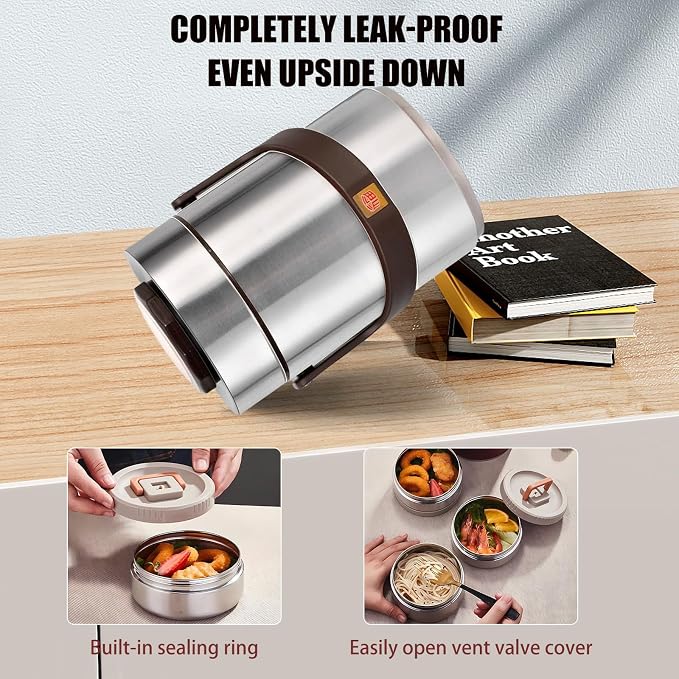67oz Upgraded Thermos for Hot Food, 3-Layer Stackable Food Thermos, Soup Thermos Jar with Insulated Bag, Ideal for Office, Outdoor Meals, and Various Occasions (67 oz Silver)