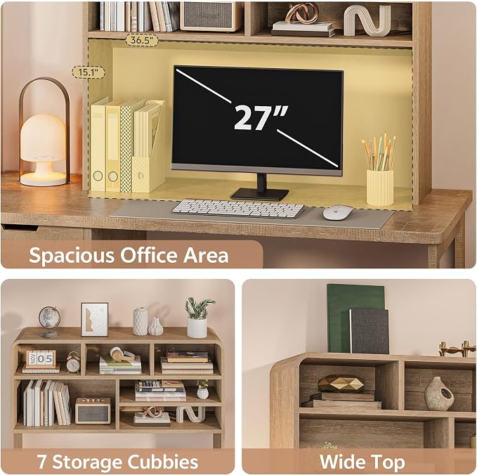 5-Tier Desk Shelf, 37.4''W Desktop Bookshelf for Computer Monitor, Desktop Organizer Shelf Storage Rack with 6 Cubbies, 5-Level Desk Hutch Display Rack for Home, Office, Dorm, Vanity, Natural